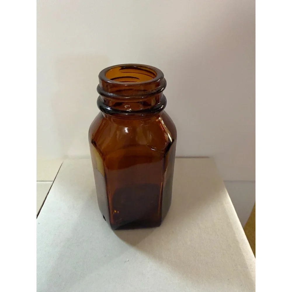Vintage Amber Glass Apothecary Bottle Hexagonal Medicine Jar Brown 3.25 Inch